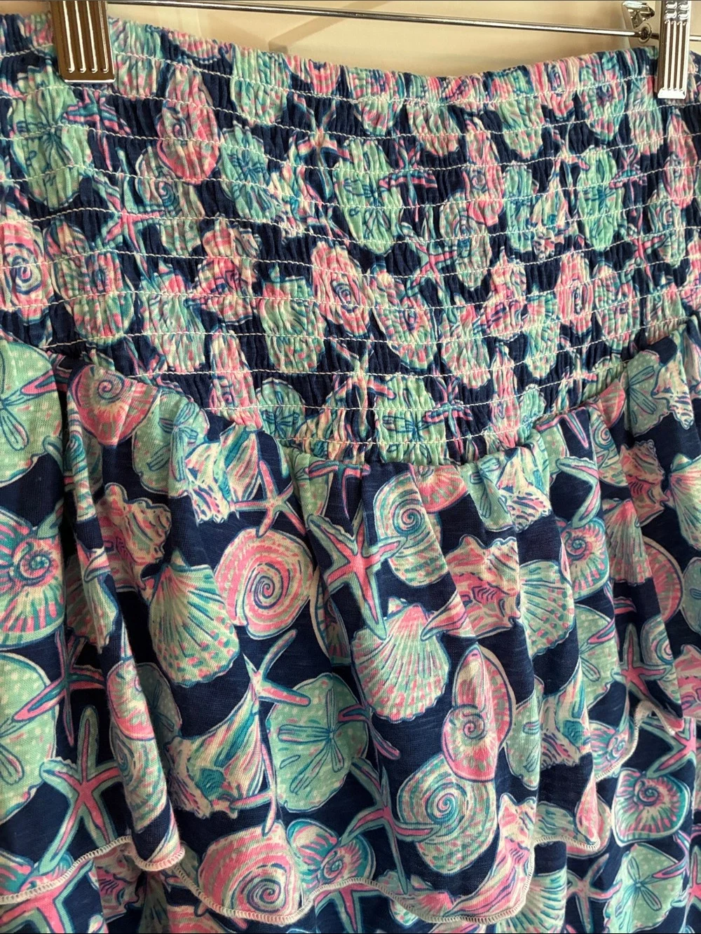 Simply Southern Navy Shell & Starfish Smocked Tiered Skirt Size Medium